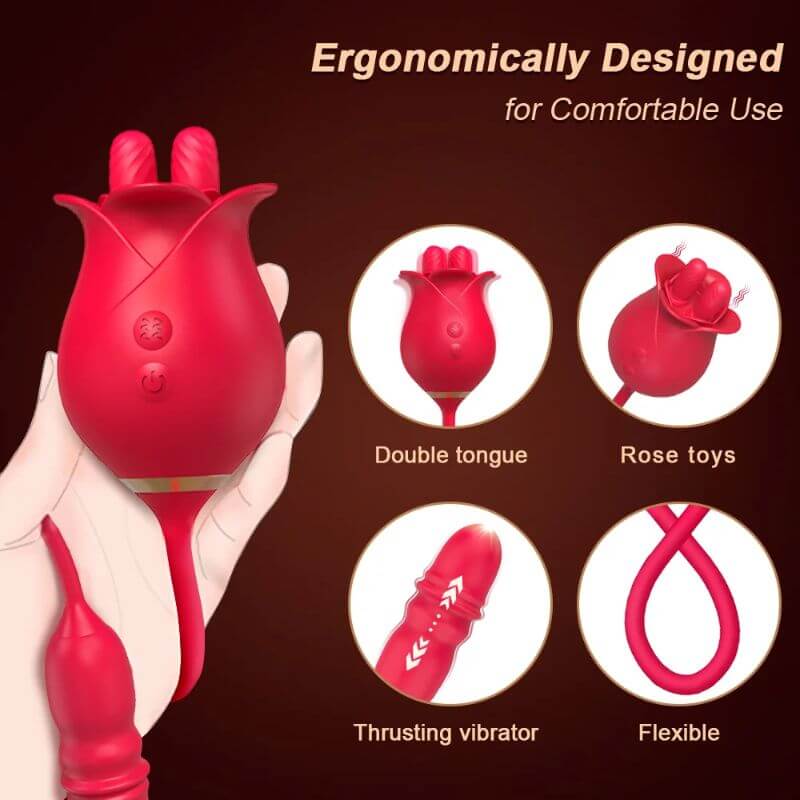 Red dual-tongue rose held in a hand with close-ups of the head, dildo and flexible connector