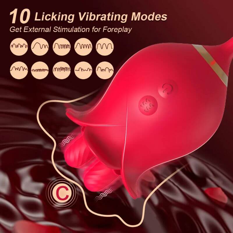 Close-up of the red dual-tongue rose head with ten licking and vibration patterns
