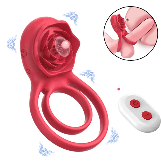 Red rose cock ring vibrator with double-loop design, flower-shaped contact head and wireless remote
