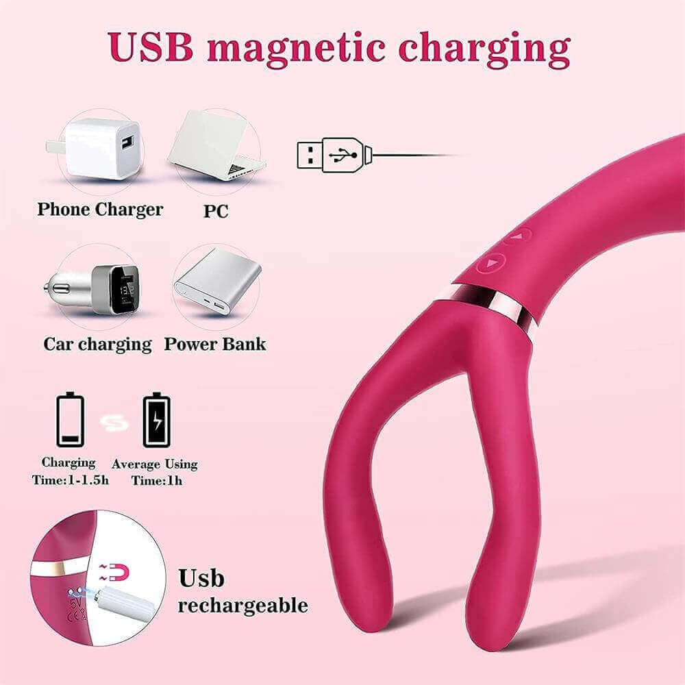 Elda magnetic USB charging guide showing two contacts below the neck band and estimated one to one-and-a-half hour charging
