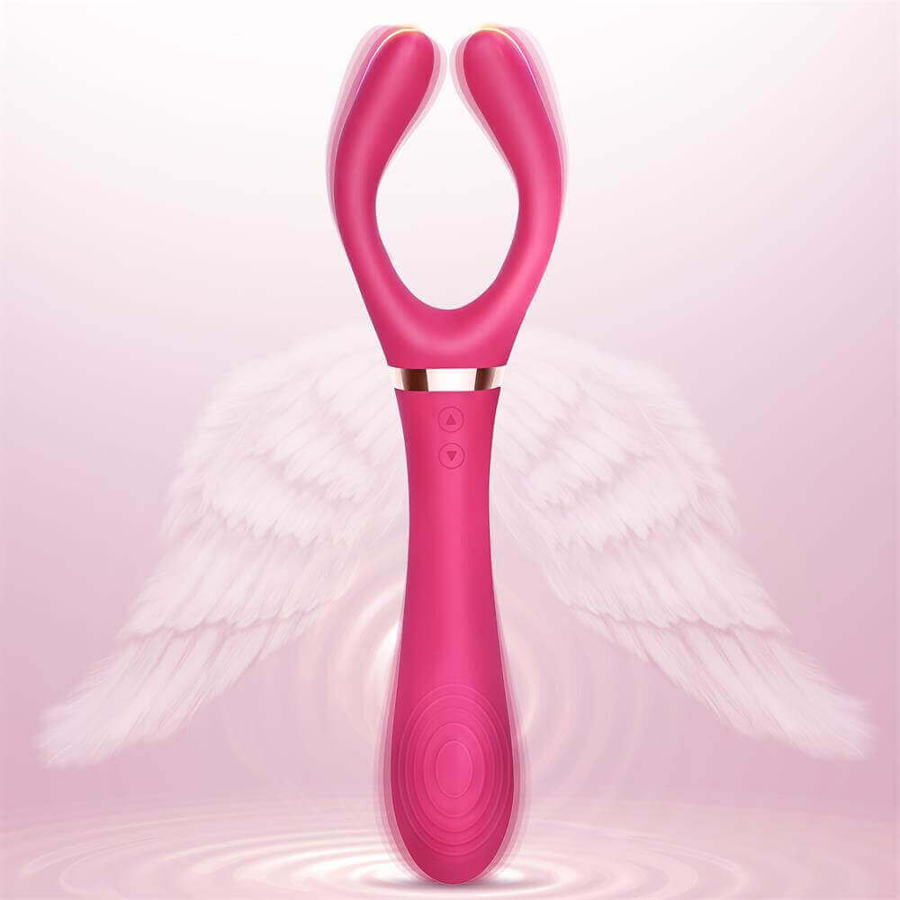 Wine red Elda vibrator with two long curved arms, a silver neck band, two front buttons and a textured rounded handle