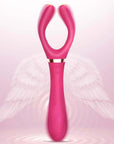 Wine red Elda vibrator with two long curved arms, a silver neck band, two front buttons and a textured rounded handle