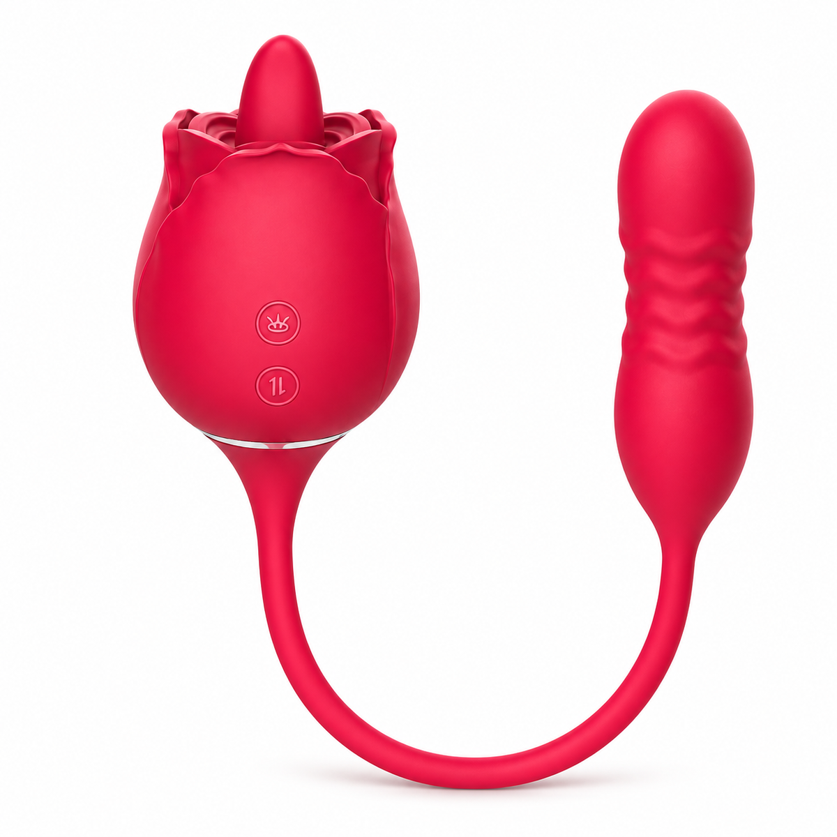 Fiona Plus pink-red rose tongue vibrator and ribbed egg joined by a U-shaped cable on white