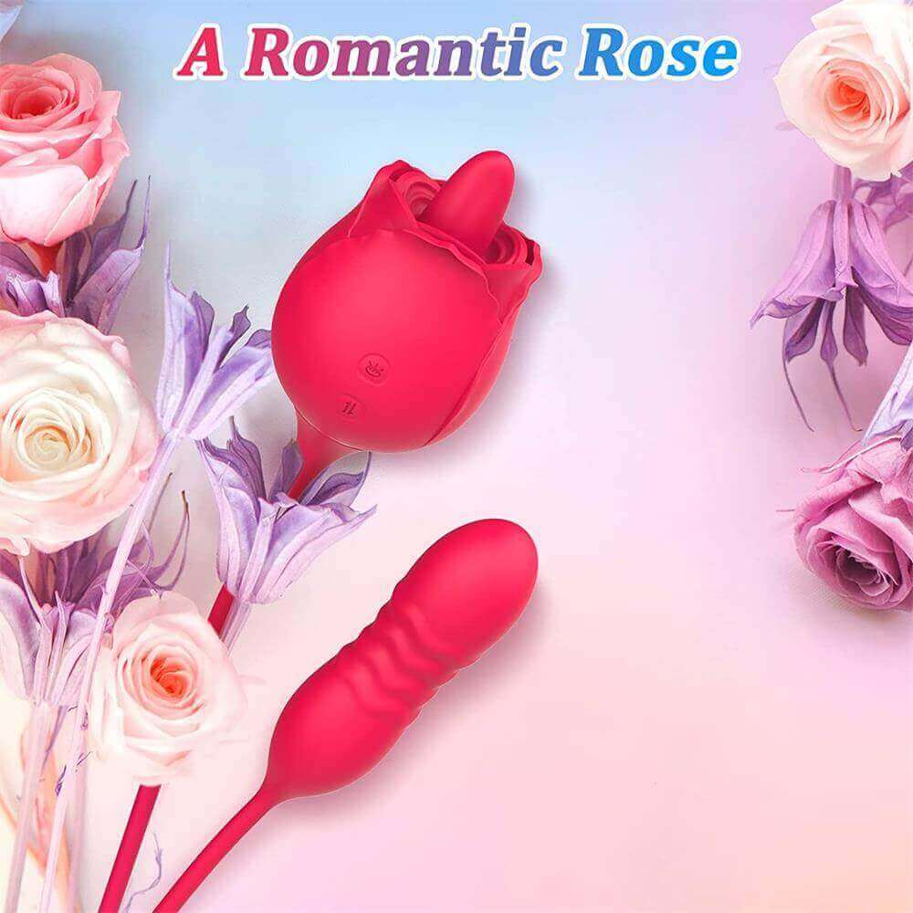Fiona Plus rose tongue vibrator and ribbed connected thrusting egg arranged on a pink background with pale flowers, showing the two-button rose body