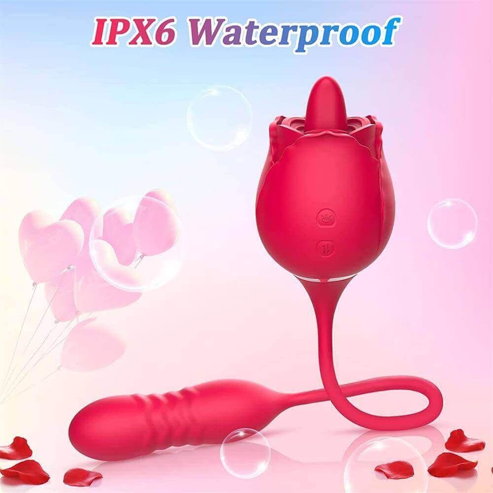 Fiona Plus pink rose tongue vibrator and connected textured egg shown upright beside a feature label stating IPX6 water resistance