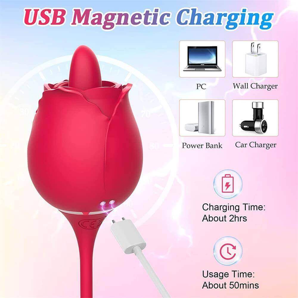 Fiona Plus rose vibrator rear charging detail with two magnetic contacts near the cable connection and listed two-hour charging and fifty-minute use estimates