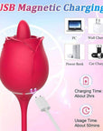 Fiona Plus rose vibrator rear charging detail with two magnetic contacts near the cable connection and listed two-hour charging and fifty-minute use estimates