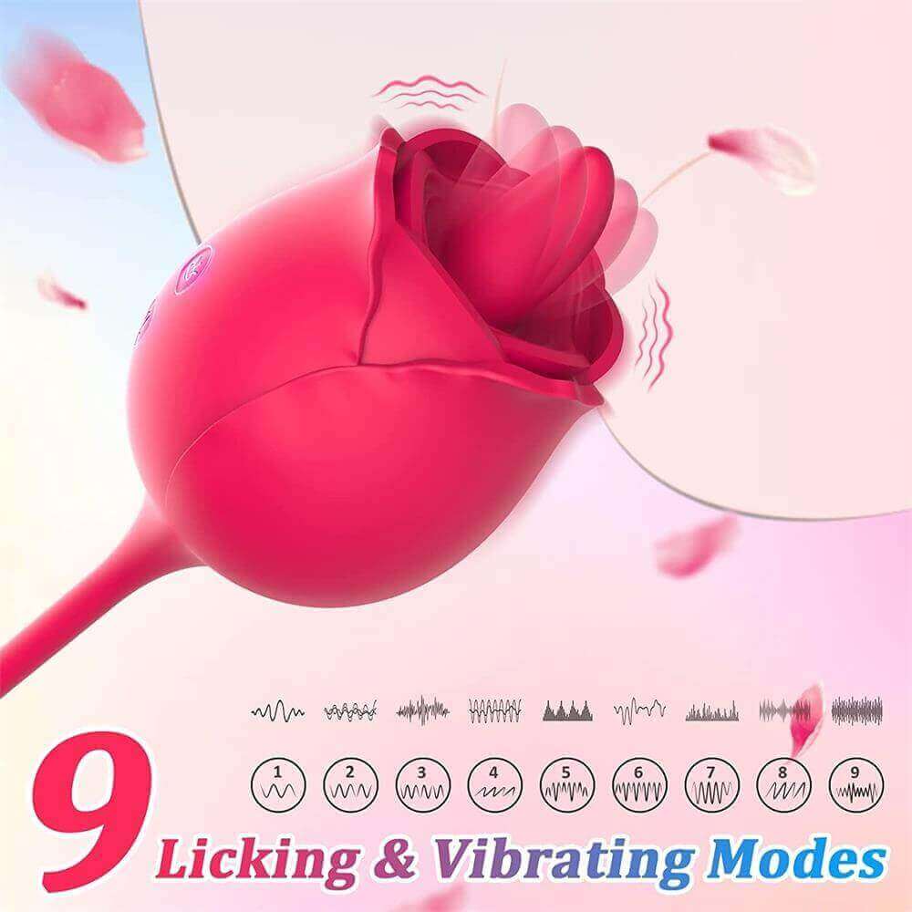 Fiona Plus rose tongue head feature graphic showing nine licking and vibration rhythm symbols beside the layered petals and projecting tongue