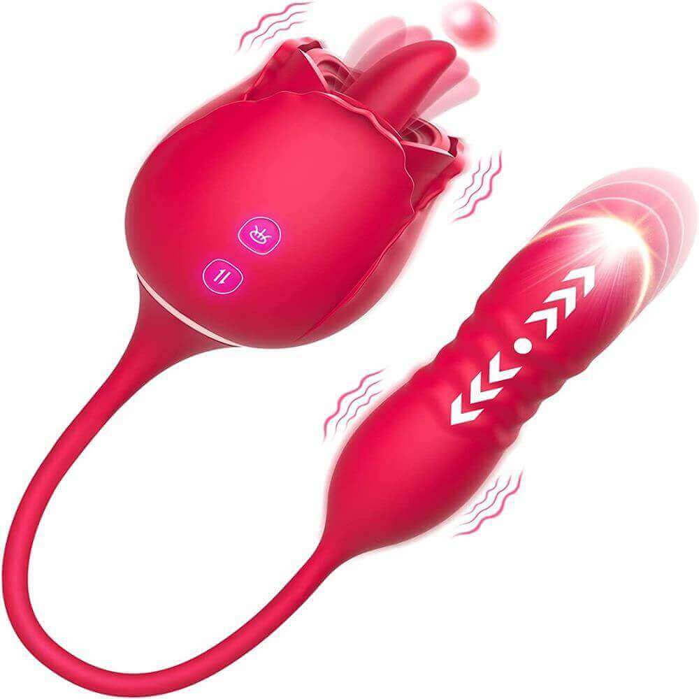 Fiona Plus pink rose tongue vibrator connected by a flexible cable to a textured thrusting egg, showing two front controls and illustrated movements
