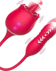 Fiona Plus pink rose tongue vibrator connected by a flexible cable to a textured thrusting egg, showing two front controls and illustrated movements