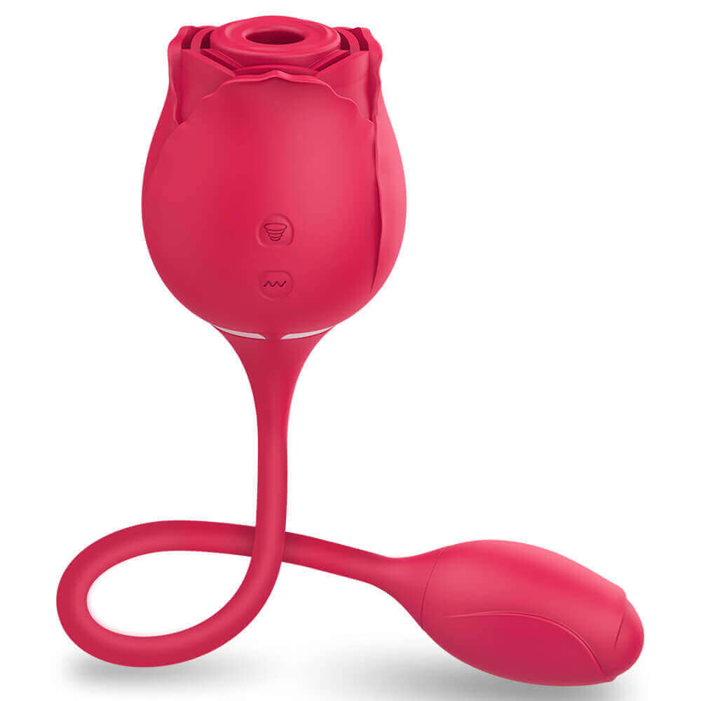 Red Fiona rose suction vibrator with two front buttons and a flexible connecting cord leading to a textured vibrating egg