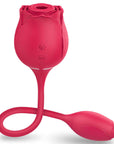 Red Fiona rose suction vibrator with two front buttons and a flexible connecting cord leading to a textured vibrating egg