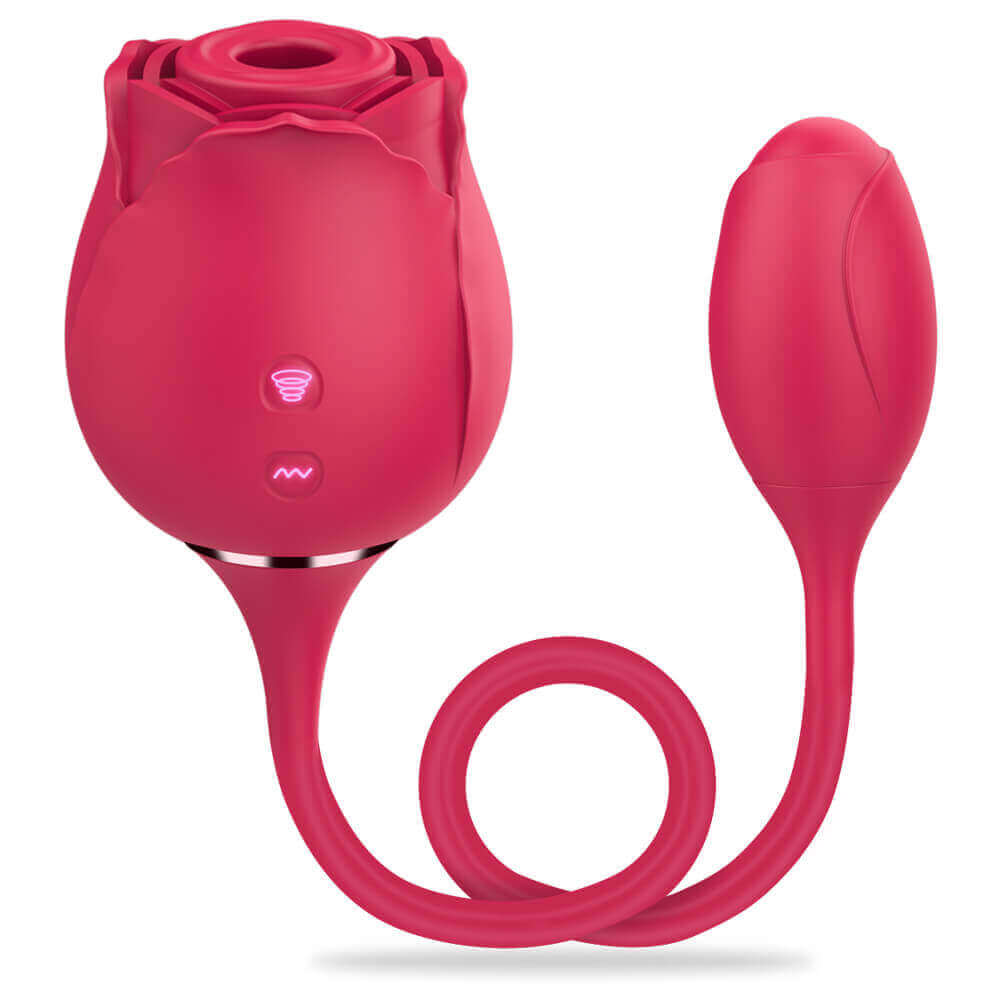 Fiona suction rose and connected vibrating egg with illuminated suction and vibration button symbols and the cord shown in a loose coil