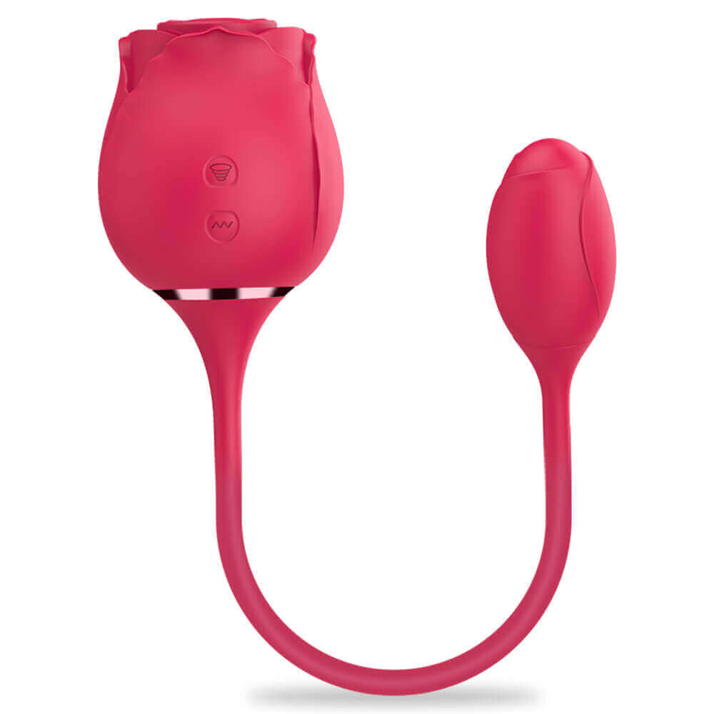 Fiona rose suction vibrator and textured egg pictured upright with the connecting cord arranged in a U shape