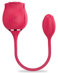 Fiona rose suction vibrator and textured egg pictured upright with the connecting cord arranged in a U shape