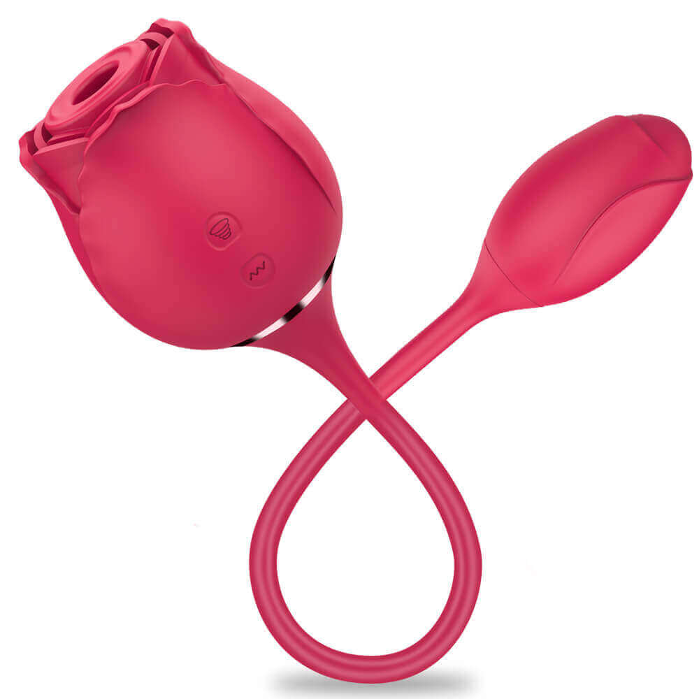 Angled Fiona rose vibrator with its air-pulse opening, suction and vibration button symbols, and textured egg on a looped flexible cord