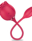 Angled Fiona rose vibrator with its air-pulse opening, suction and vibration button symbols, and textured egg on a looped flexible cord