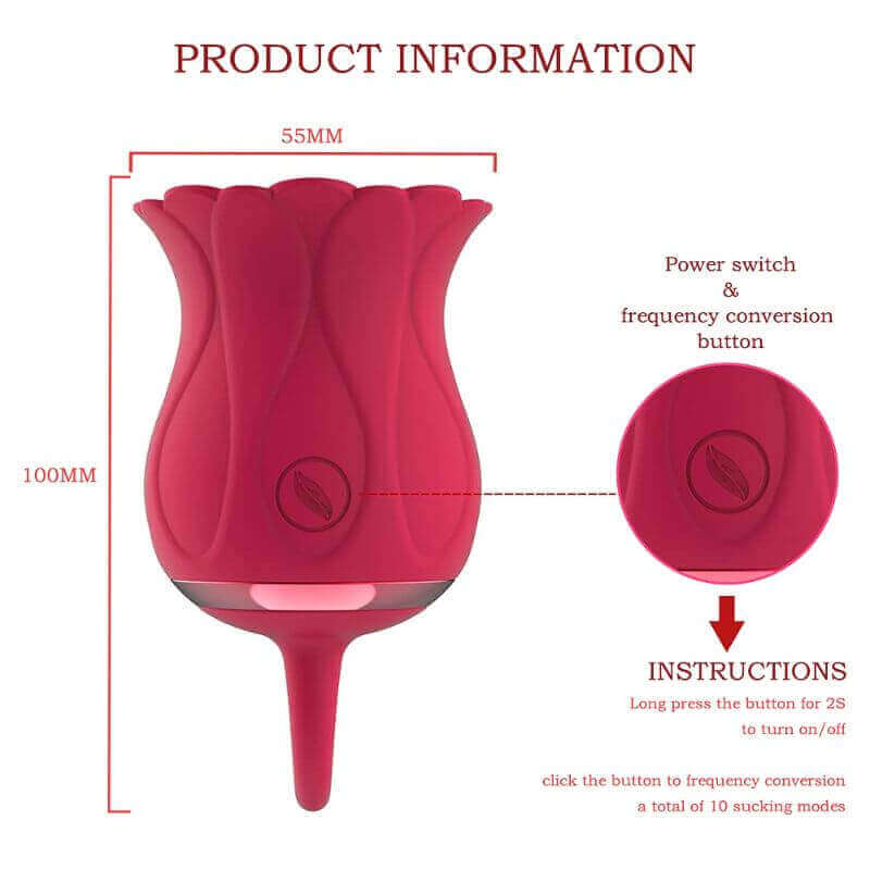 Flower suction toy size diagram showing 100 mm height, 55 mm head width and a combined power and mode button