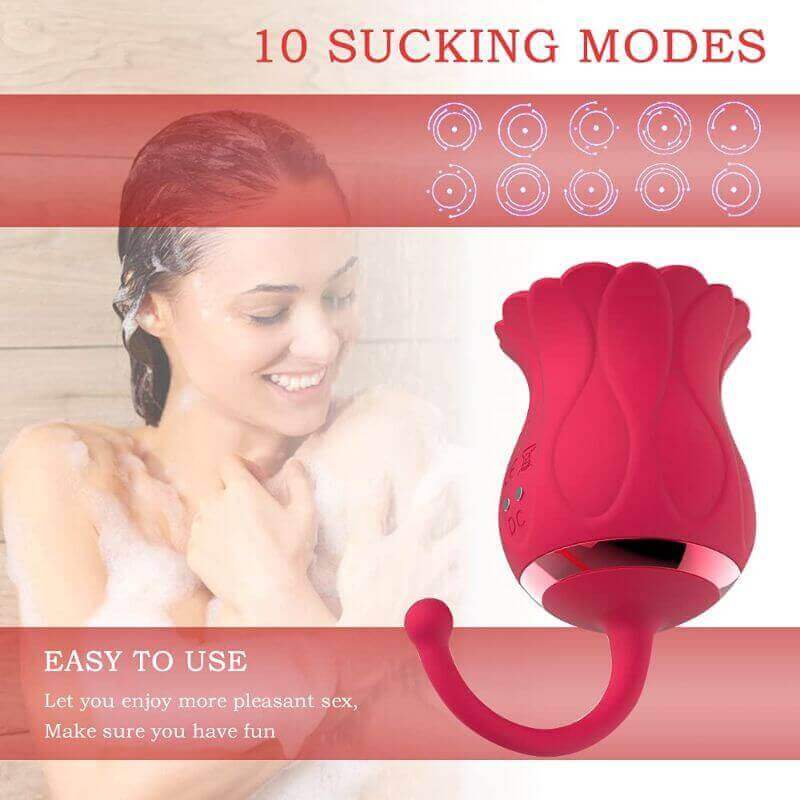 Red flower suction toy with curved rounded-tip tail beside an illustration of ten suction patterns