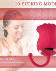 Red flower suction toy with curved rounded-tip tail beside an illustration of ten suction patterns