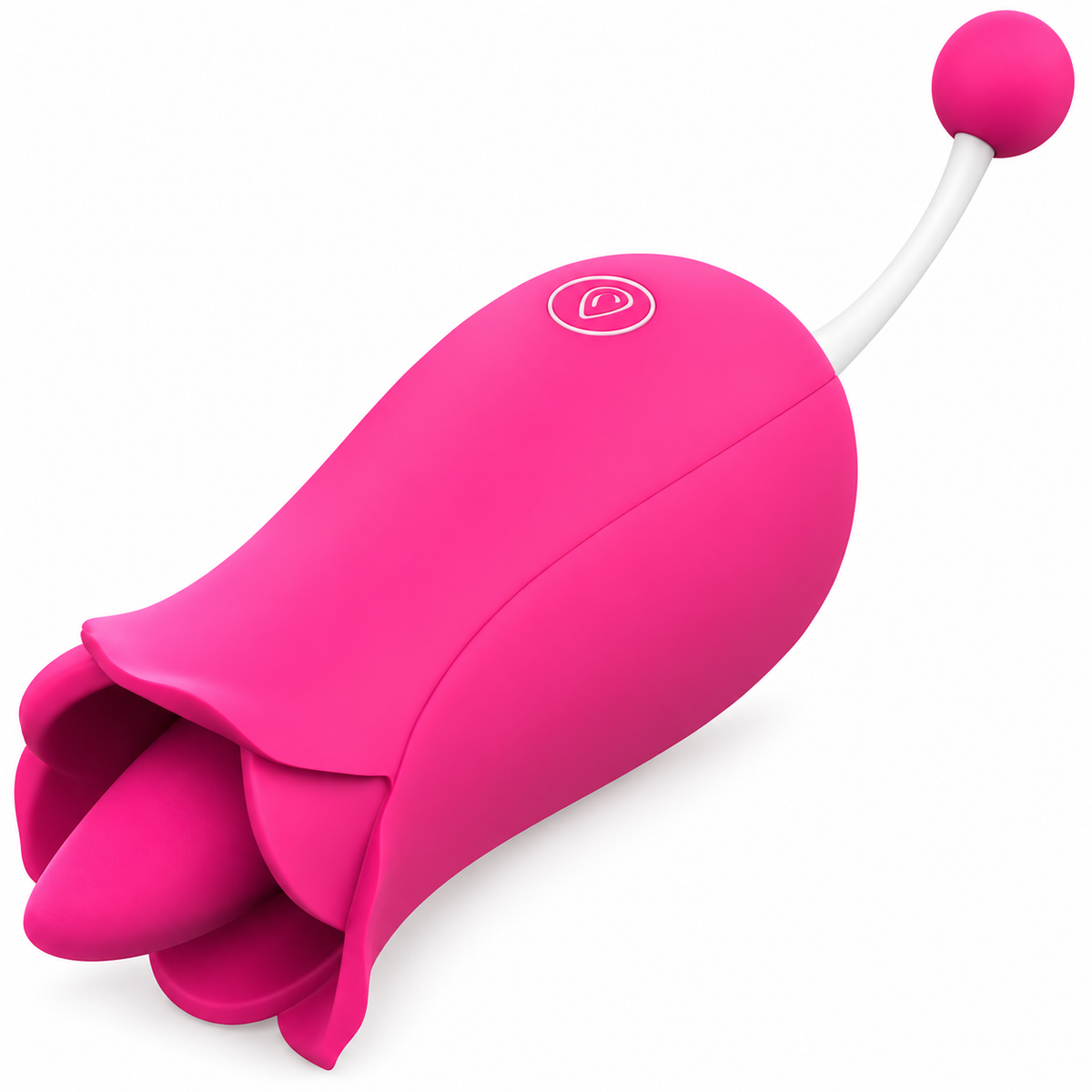 Pink flower tongue vibrator with open petals, a single body button and a rounded bead on the opposite white stem