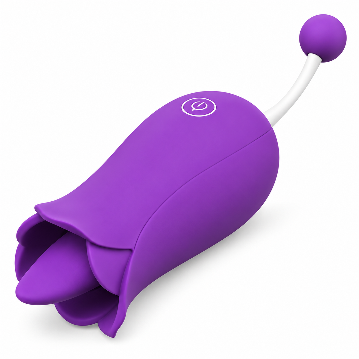 Purple flower tongue vibrator with open petals, a single body button and a rounded bead on the opposite white stem