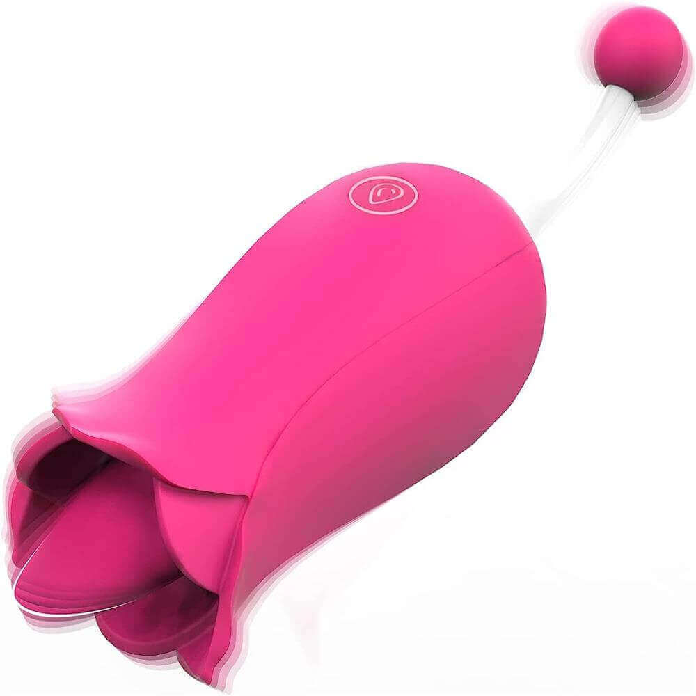 Pink flower tongue vibrator with an open petal head, one button and a rounded bead tip on a narrow opposite stem