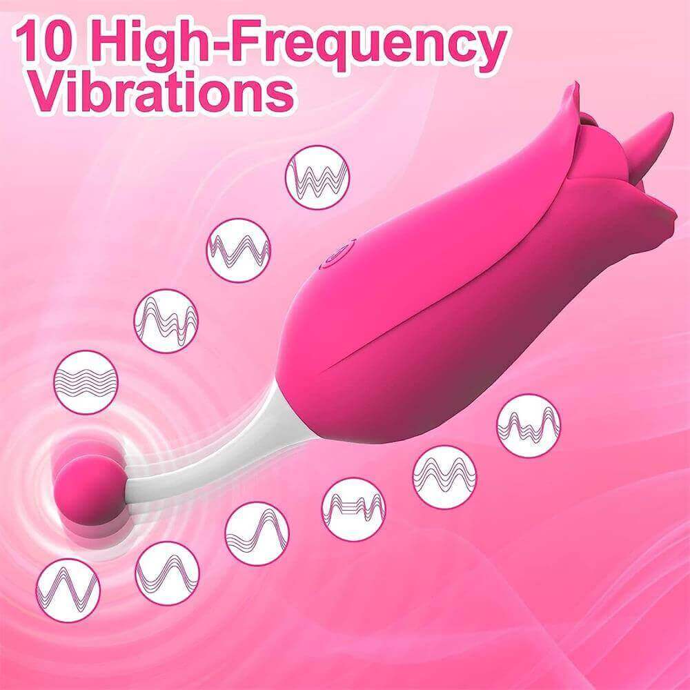 Pink flower tongue vibrator mode guide with ten waveform icons and vibration illustration at the rounded bead tip
