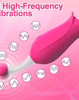 Pink flower tongue vibrator mode guide with ten waveform icons and vibration illustration at the rounded bead tip