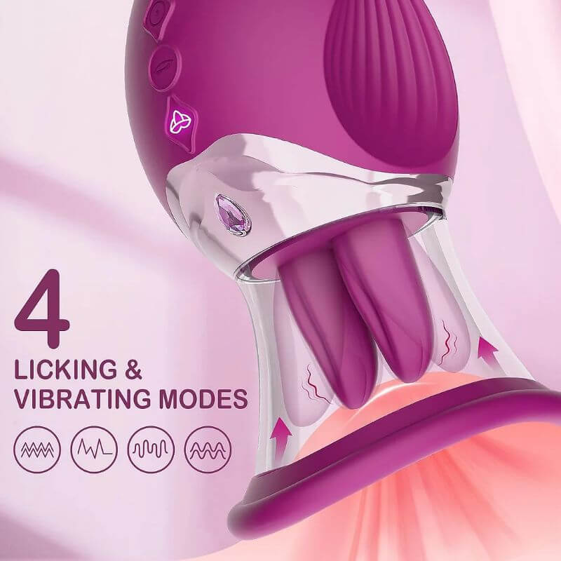 Dual tongues inside the purple rose suction cup with four licking and vibration patterns