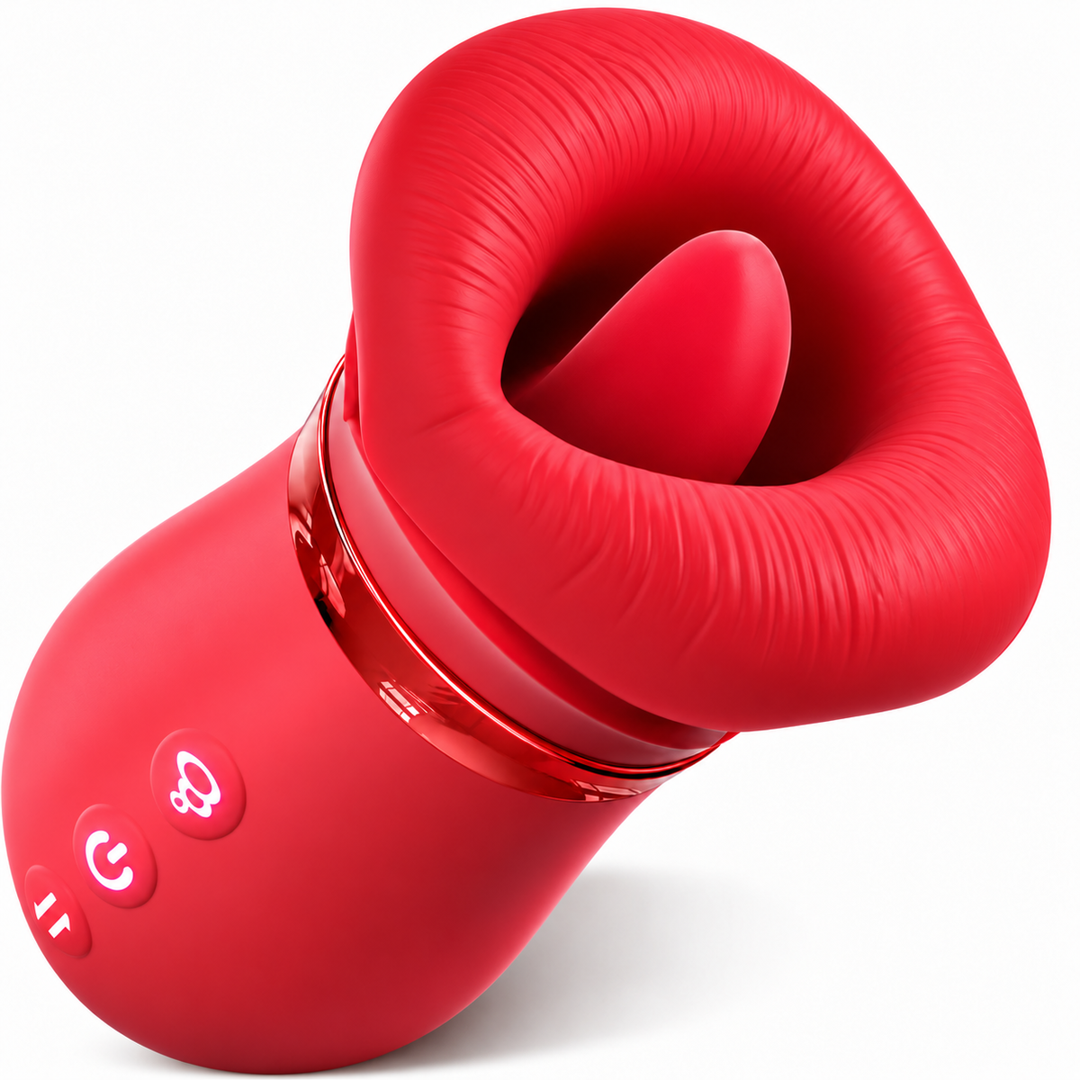 Red four-in-one rose mouth vibrator with textured oval rim, inner silicone tongue, three buttons and metallic red trim; digitally cleaned product image