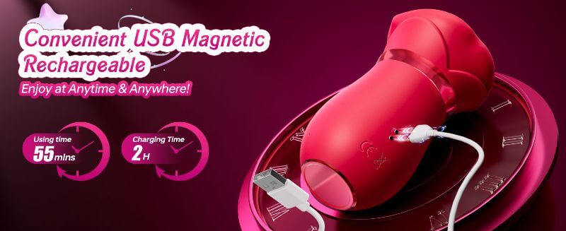 Rear magnetic USB connection on the four-in-one rose toy with labels for approximately two-hour charging and 55-minute runtime