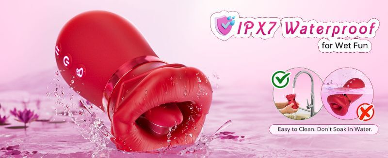 Four-in-one rose toy cleaning diagram labeled IPX7 with rinse and do-not-soak symbols