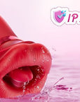 Four-in-one rose toy cleaning diagram labeled IPX7 with rinse and do-not-soak symbols
