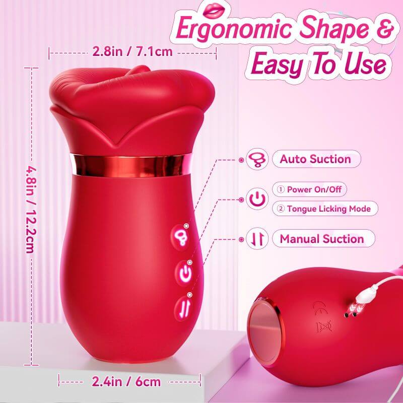 Four-in-one rose toy size and controls guide showing 12.2 cm height, 7.1 cm head width, 6 cm body width and rear magnetic charging contacts