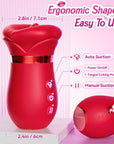 Four-in-one rose toy size and controls guide showing 12.2 cm height, 7.1 cm head width, 6 cm body width and rear magnetic charging contacts