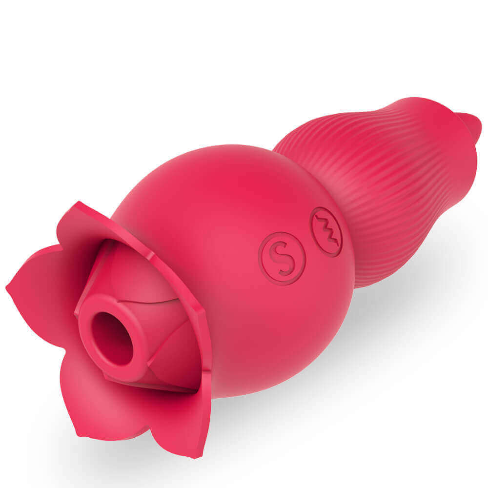 Pink Holly dual-ended rose vibrator viewed from the flower end, showing its central suction opening, side S button and wave button