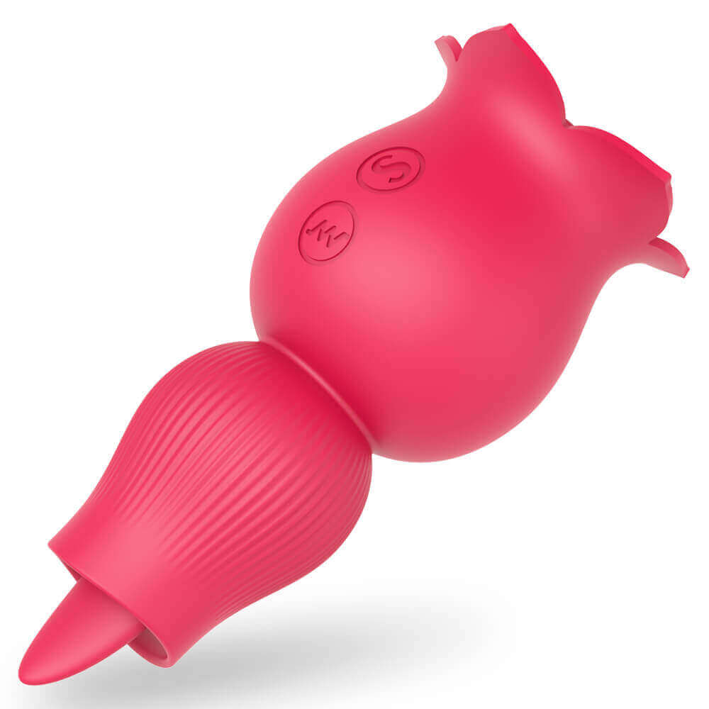 Pink Holly rose vibrator with two circular buttons and a ribbed opposite end containing a projecting tongue