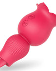 Pink Holly rose vibrator with two circular buttons and a ribbed opposite end containing a projecting tongue