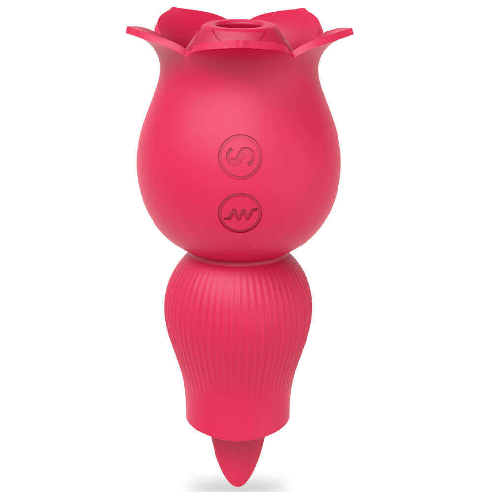 Pink Holly rose vibrator standing upright with a flower suction opening, S and wave buttons, ribbed lower end and projecting tongue