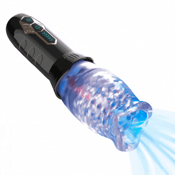The Man Rose male masturbator with black handle, on-device buttons and transparent textured silicone cup