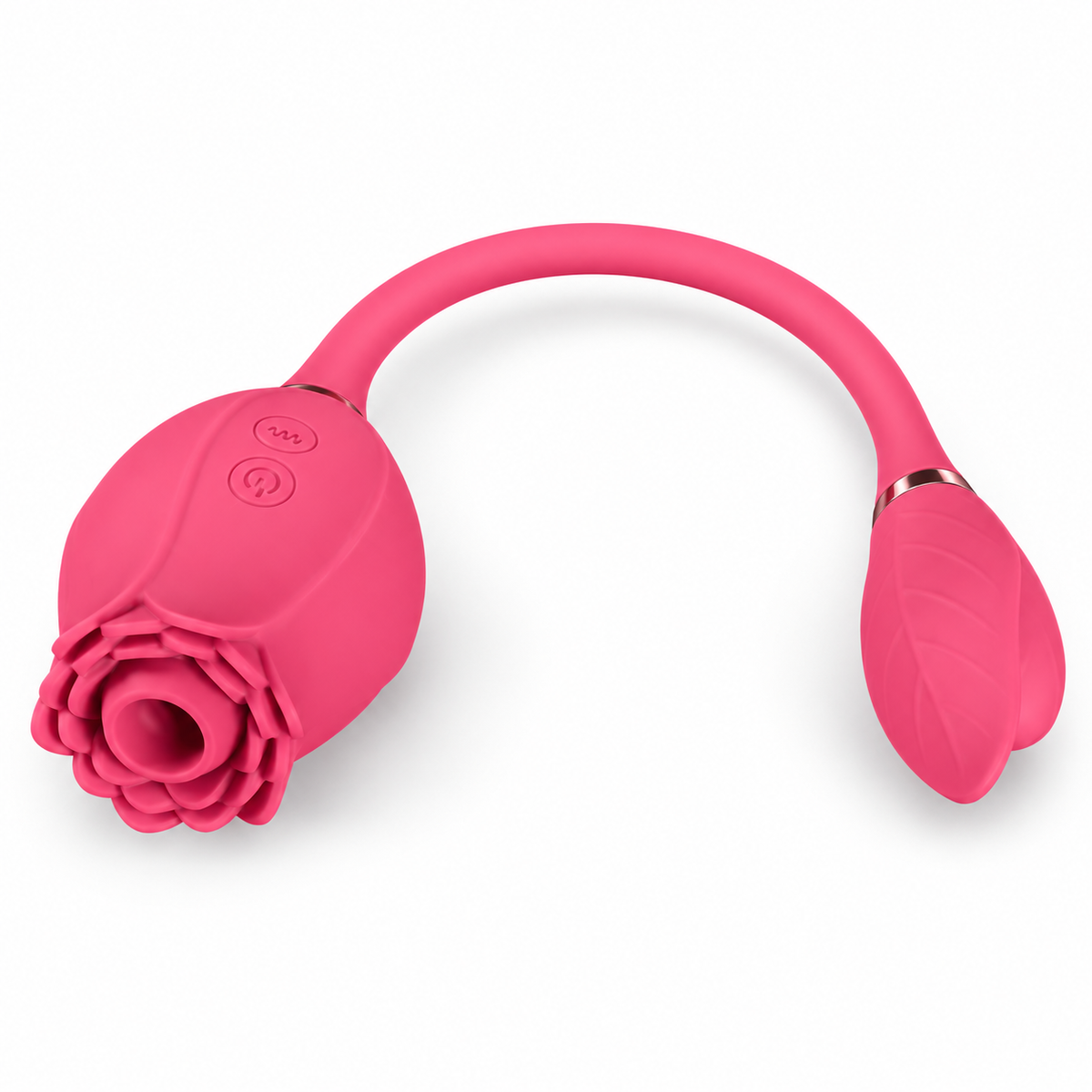 Pink Mermaid rose suction vibrator with a central opening, two oval controls and a curved attached cord leading to a petal-shaped vibrating egg on white