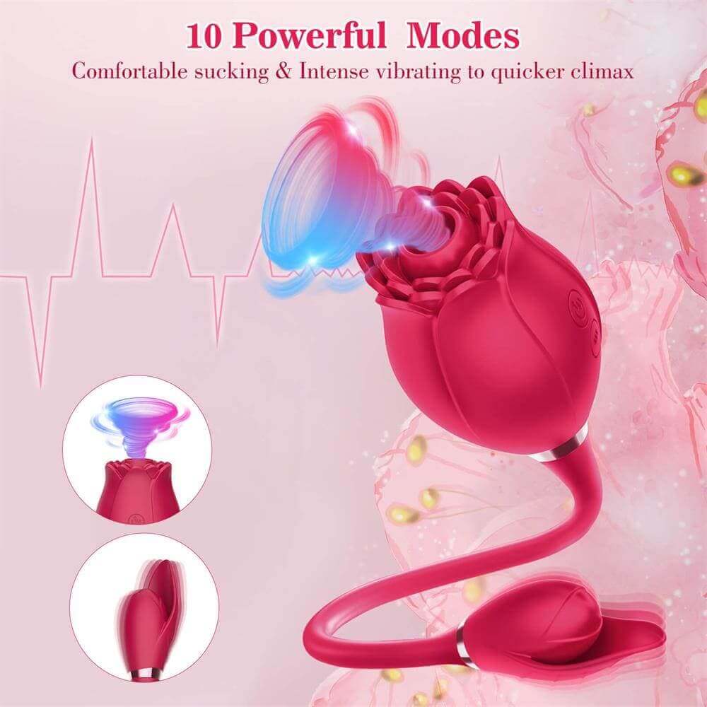 Pink Mermaid rose suction vibrator and connected petal-shaped egg in a ten-mode guide with illustrated airflow at the flower opening