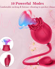 Pink Mermaid rose suction vibrator and connected petal-shaped egg in a ten-mode guide with illustrated airflow at the flower opening