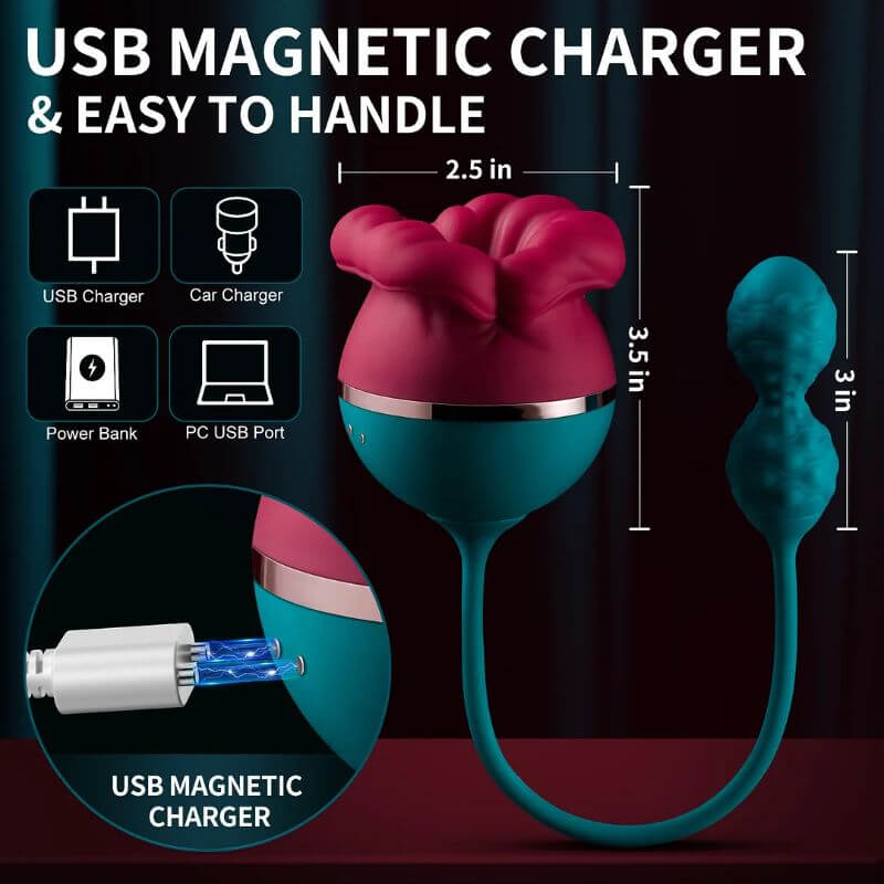 Mouth-shaped rose toy dimensions showing 3.5-inch body height, 2.5-inch width, 3-inch attachment and magnetic contacts