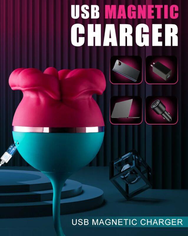 Magnetic USB charging connection on the teal base of the mouth-shaped rose toy