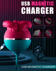Magnetic USB charging connection on the teal base of the mouth-shaped rose toy