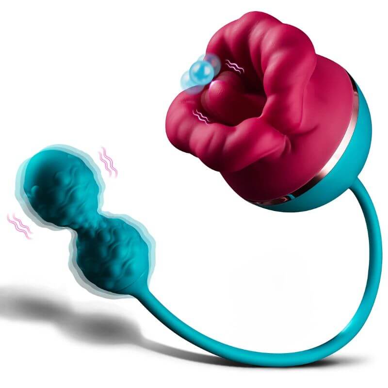 Burgundy mouth-shaped rose head with teal connected double-lobed vibrating attachment