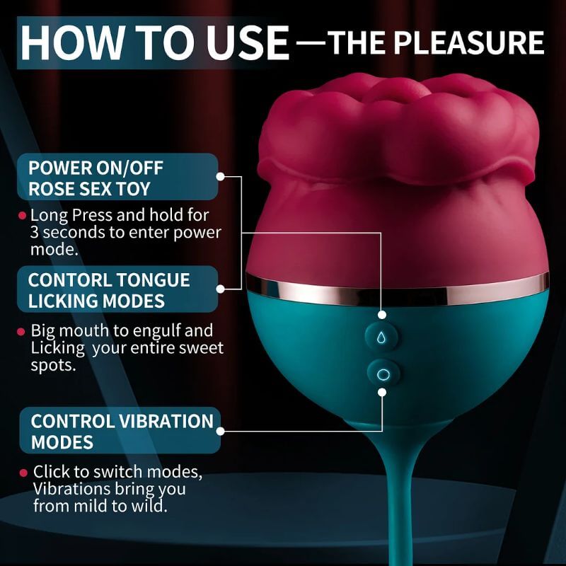 Two buttons on the teal base identified for power and tongue modes above and vibration modes below