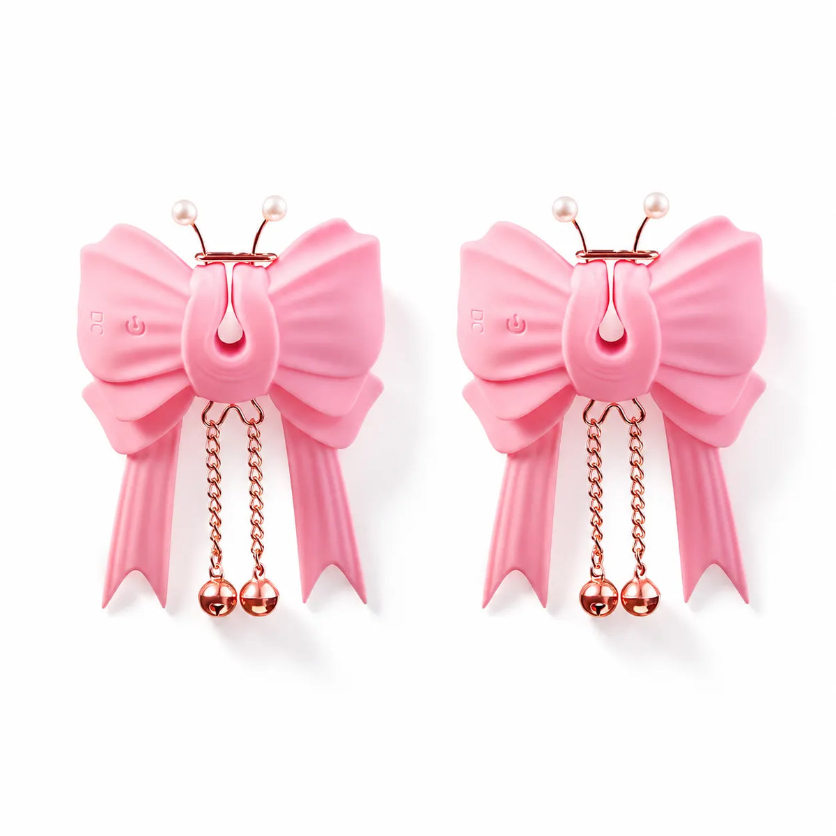 Pair of pink bow-shaped nipple clamps with hanging metal chains and bells